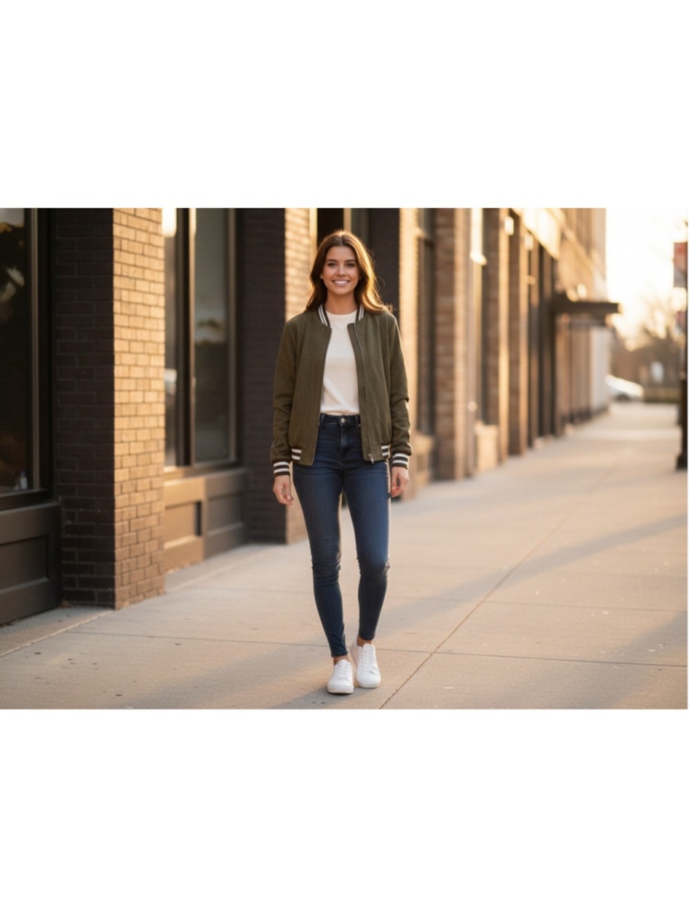 Jealous Tomato Olive Green Faux Suede Bomber Jacket Striped Trim Varsity Small
